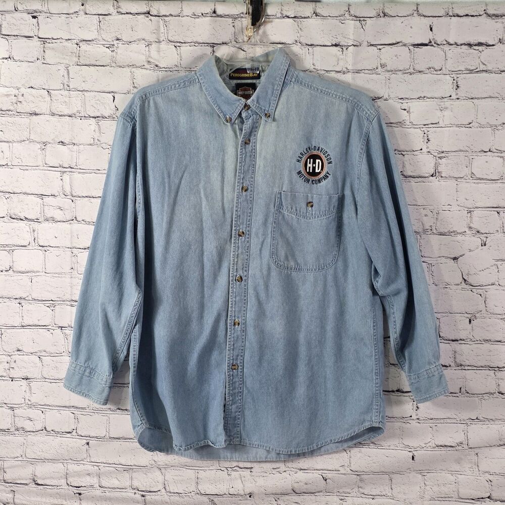 Harley-Davidson Men's Large Blue Denim Embroidered LS Button Up Shirt